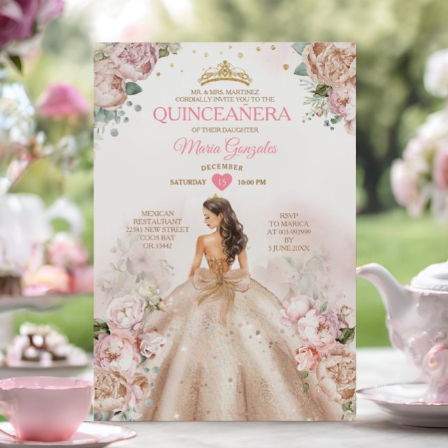 Convites Quinceañera Princess Champagne e Blush Pink (Criador carregado)