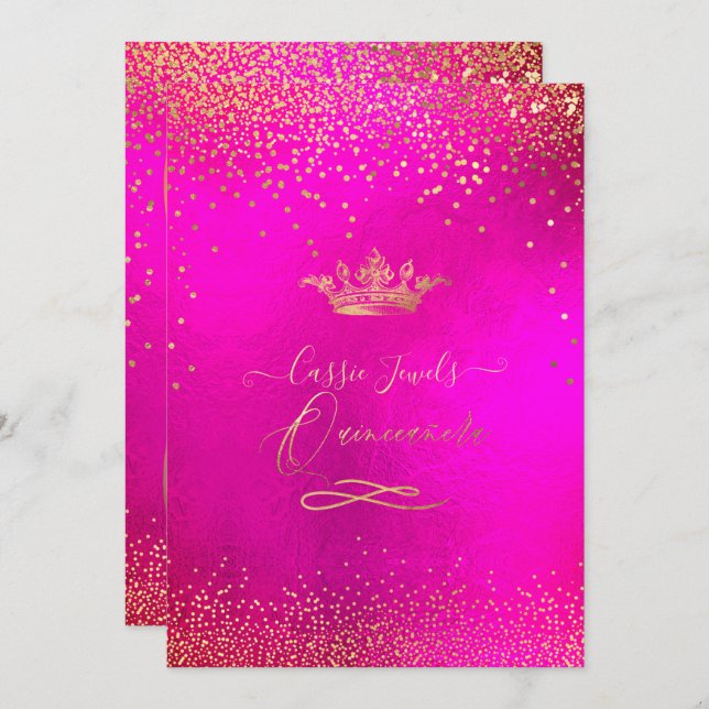 Convites Quinceanera Princess Crown Faux Dourado Confetti R (Frente/Verso)