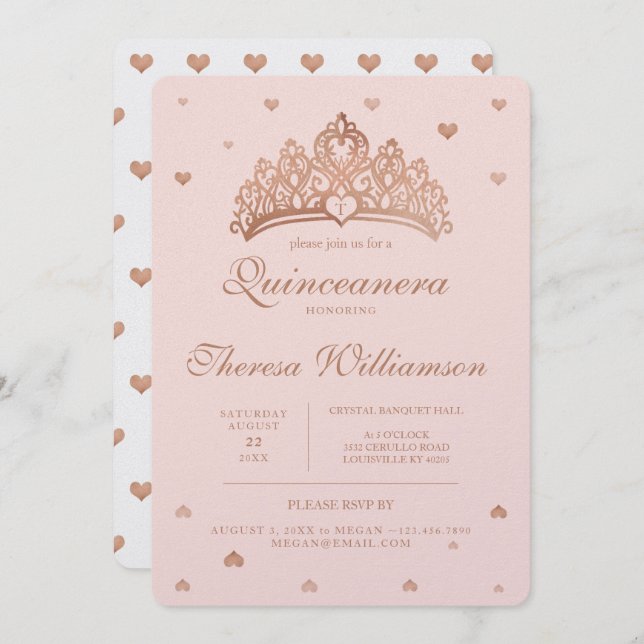 Convites Quinceañera Princess Crown & Heart Rosa Dourado (Frente/Verso)