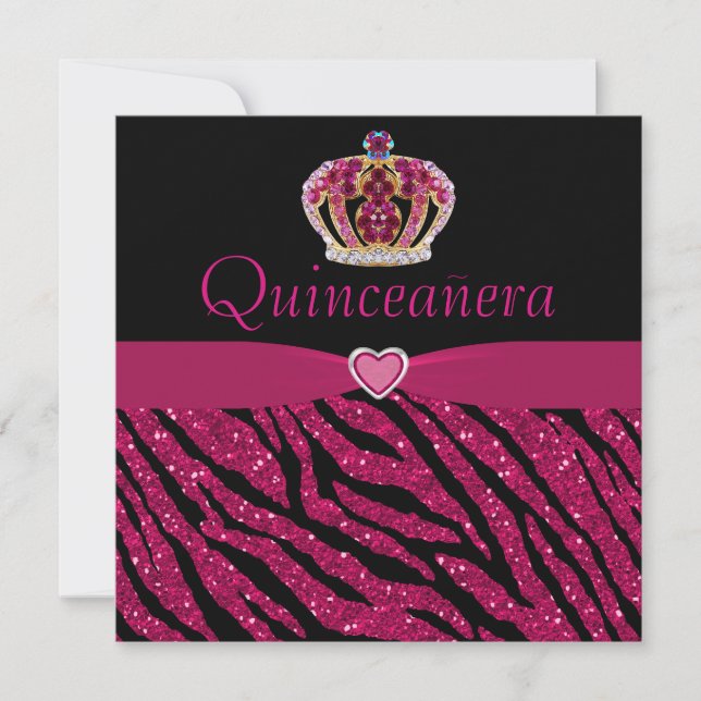 Convites Quinceanera Princess Crown, Heart & Zebra Glitter (Frente)