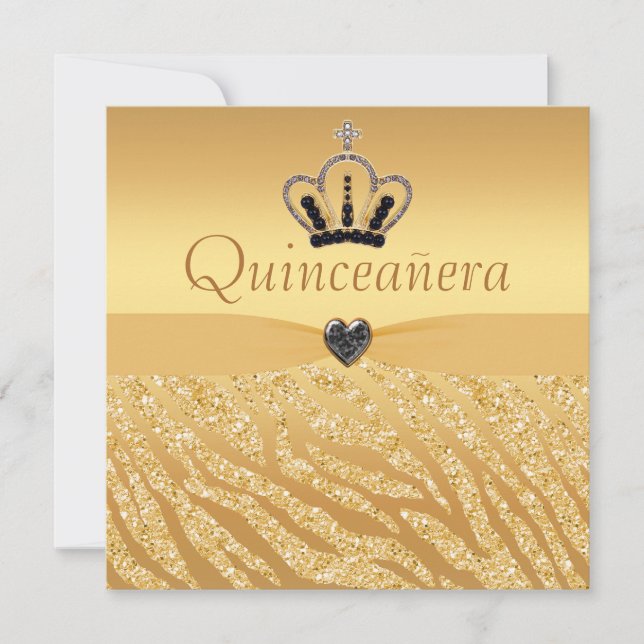 Convites Quinceanera Princess Crown, Heart & Zebra Glitter (Frente)