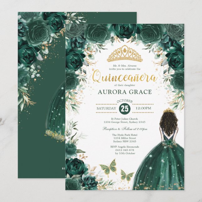 Convites Quinceañera Princess Emerald Green Floral Birthday (Frente/Verso)