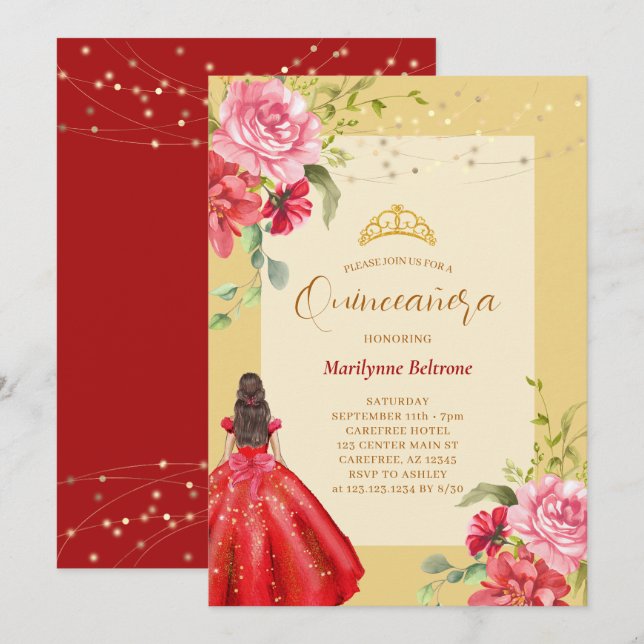 Convites Quinceañera Princess Floral Amarelo (Frente/Verso)