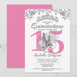 Convites Quinceanera Princess Pink Silver 15 Aniversário