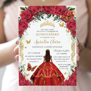 Convites Quinceañera Princess Rosas vermelhas Floral Vintag