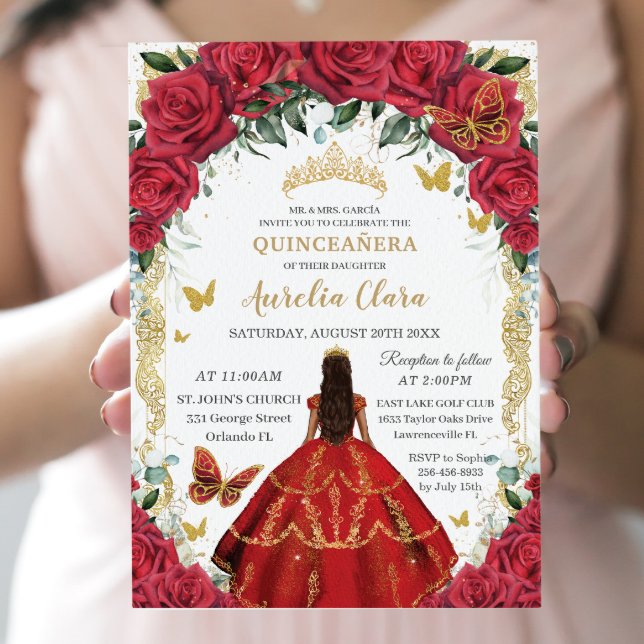 Convites Quinceañera Princess Rosas vermelhas Floral Vintag (Criador carregado)