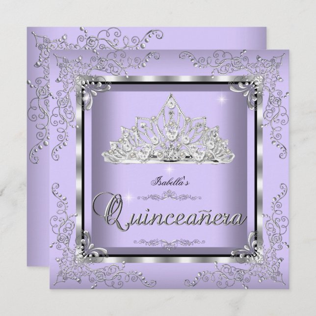 Convites Quinceanera Puro Lavanda Prata Diamante Tiara 3 (Frente/Verso)