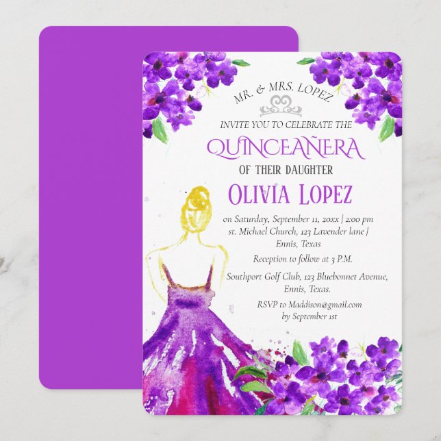 Convites Quinceañera Purple 15 Floral Birthday (Frente/Verso)