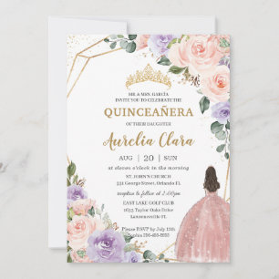 Convites Quinceañera Purple Blush Rosa Floral Dourado Vesti