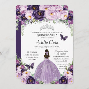 Convites Quinceañera Purple Borboletas Florais Silver Tiara