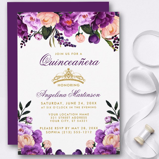 Convites Quinceanera Purple Coroa Dourada Floral (Customize to change text color, style, add text & photos to back or change color of back of card.)