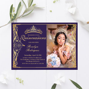 Convites Quinceanera Purple Dourada Quinceanera com fotogra