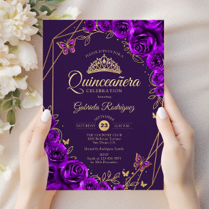 Convites Quinceanera Purple Dourado Floral