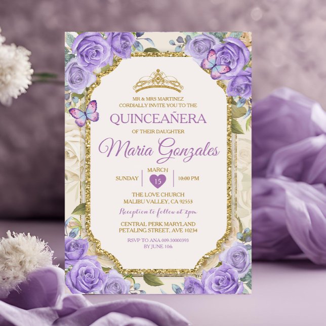 Convites Quinceañera Purple e Dourada Coroa Mexicana (Criador carregado)