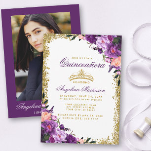 Convites Quinceanera Purple Floral Dourada Coroa Fotografia