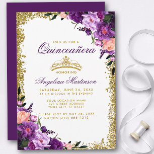 Convites Quinceanera Purple Floral Dourada Glitter