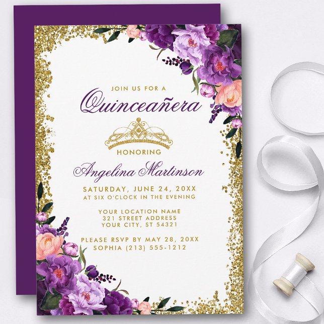 Convites Quinceanera Purple Floral Dourada Glitter (Customize to change text color, style, add text & photos to back or change color of back of card.)