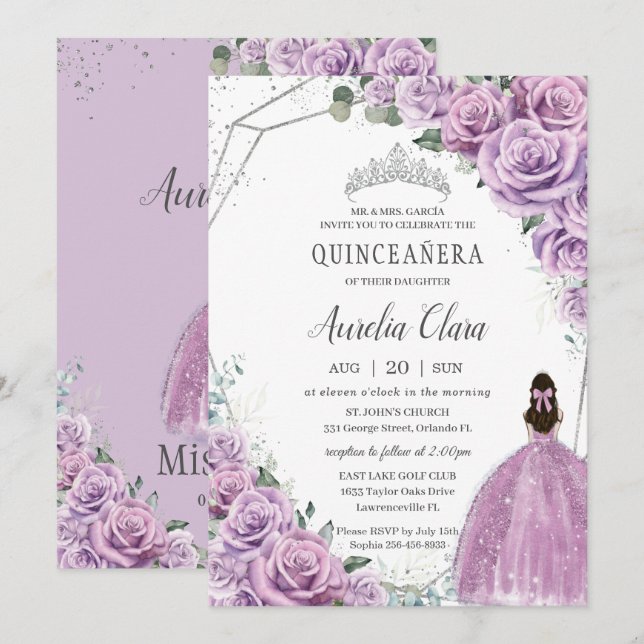 Convites Quinceañera Purple Floral Princesa Silver Aniversá (Frente/Verso)