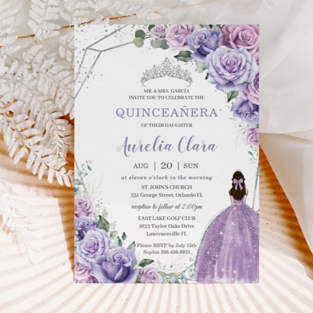 Convites Quinceañera Purple Floral Princesa Silver Aniversá (Criador carregado)