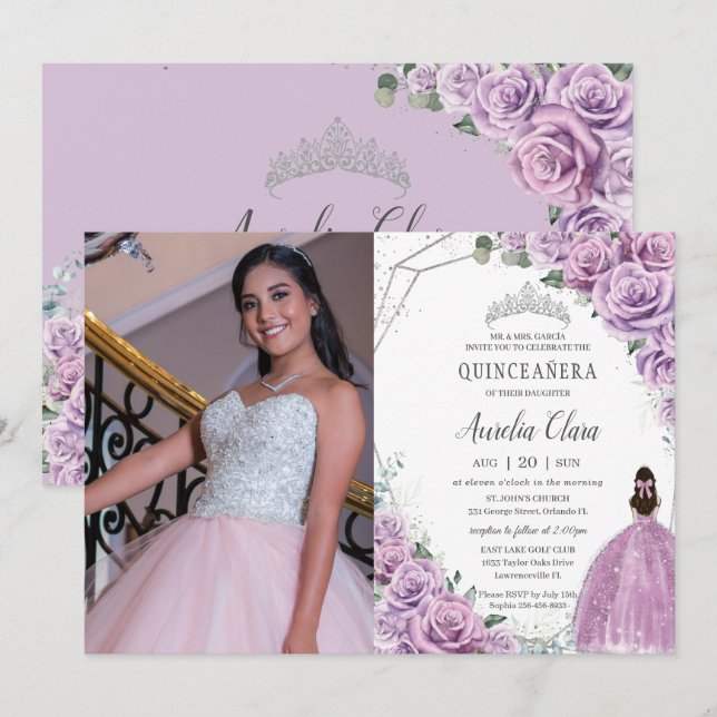 Convites Quinceañera Purple Floral Princesa Silver Aniversá (Frente/Verso)