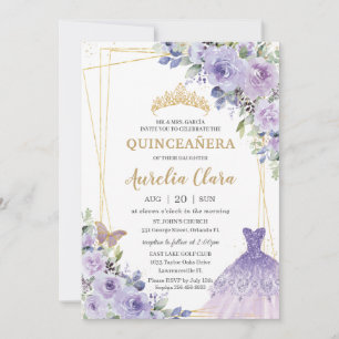 Convites Quinceañera Purple Floral Princess Gown Tiara