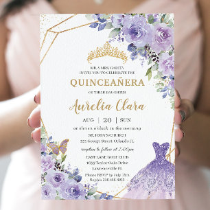 Convites Quinceañera Purple Floral Princess Gown Tiara Inv