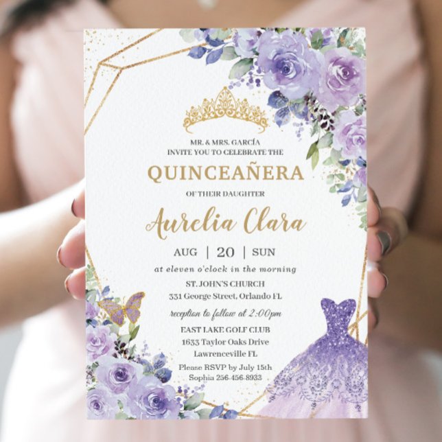 Convites Quinceañera Purple Floral Princess Gown Tiara Invi (Criador carregado)