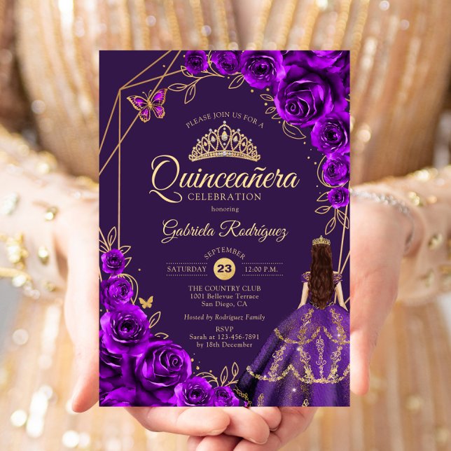 Convites Quinceanera Purple Gold Dress Floral (Criador carregado)