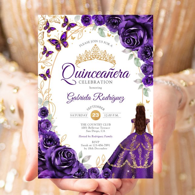 Convites Quinceanera Purple Gold Floral (Criador carregado)