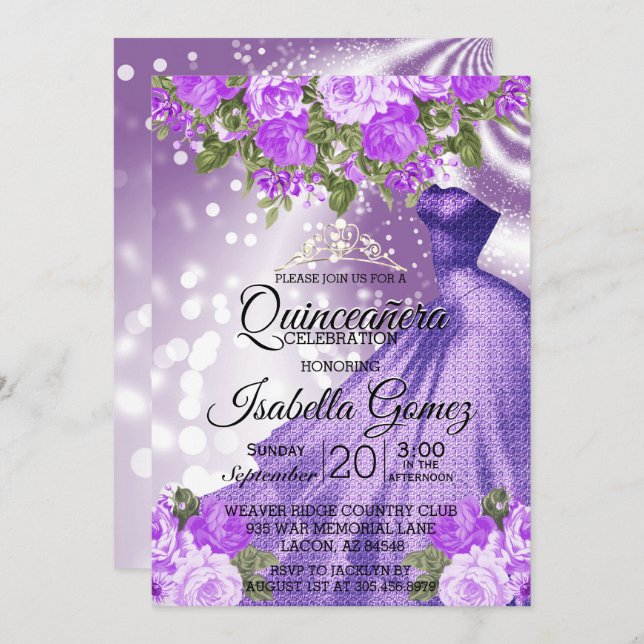 Convites Quinceañera Purple Gown e Flores (Frente/Verso)