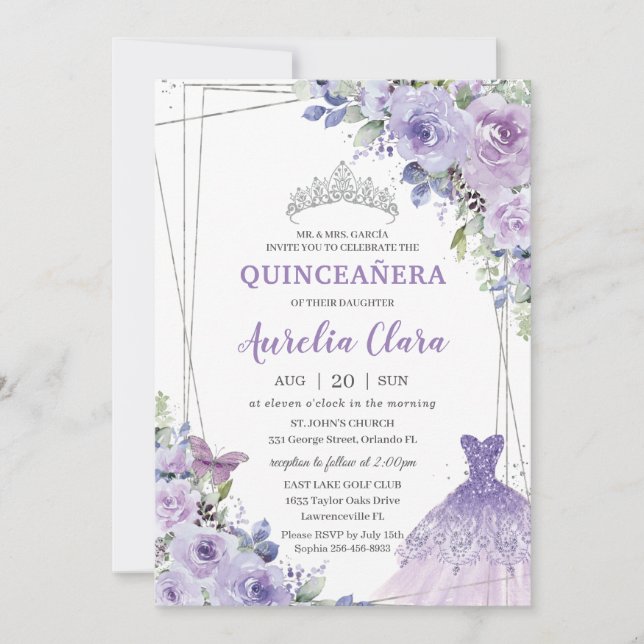 Convites Quinceañera Purple Gown Floral Silver Tiara (Frente)