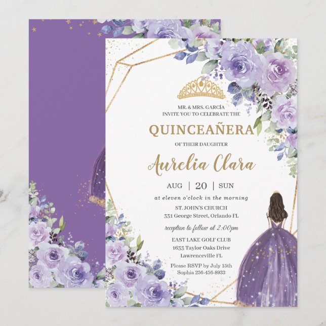 Convites Quinceañera Purple Lavanda Floral Dourada (Frente/Verso)