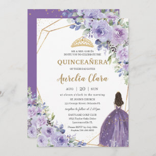 Convites Quinceañera Purple Lavanda Floral Dourada