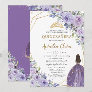 Convites Quinceañera Purple Lavanda Floral Dourada Princes