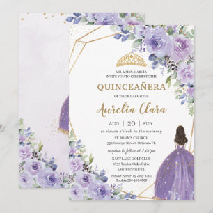 Convites Quinceañera Purple Lavanda Floral Dourada Princes
