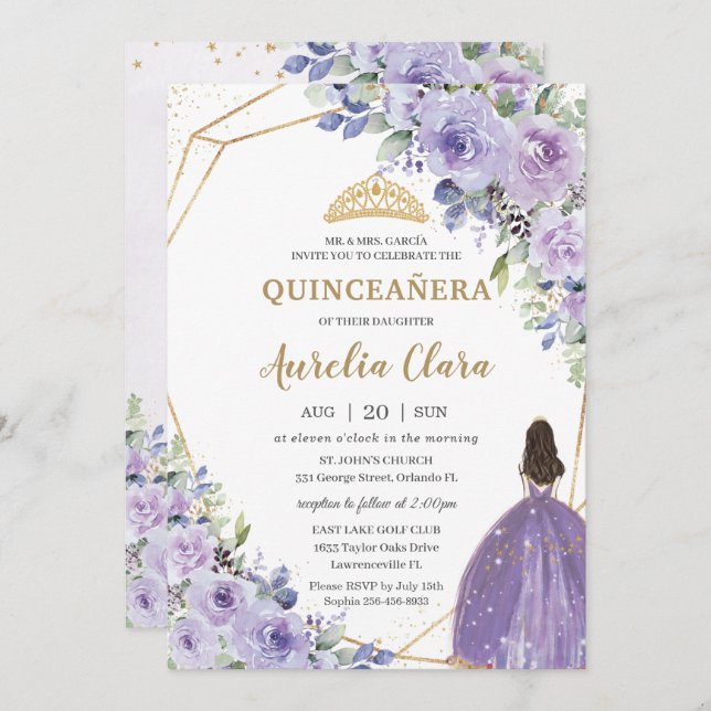 Convites Quinceañera Purple Lavanda Floral Dourada Princesa (Frente/Verso)