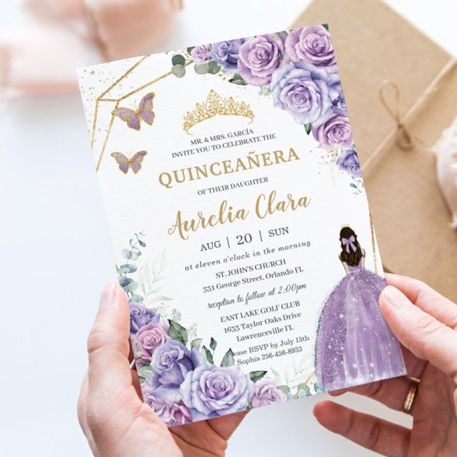 Convites Quinceañera Purple Lavanda Lilac Floral Princesa (Criador carregado)
