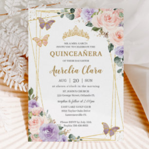 Convites Quinceañera Purple Lilac Blush Borboletas Florais