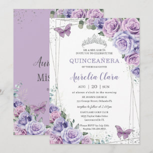 Convites Quinceañera Purple Lilac Borboletas Florais Silver