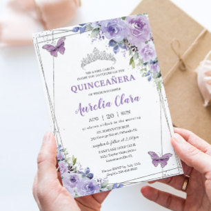Convites Quinceañera Purple Lilac Borboletas Florais Silver