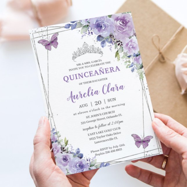 Convites Quinceañera Purple Lilac Borboletas Florais Silver (Criador carregado)
