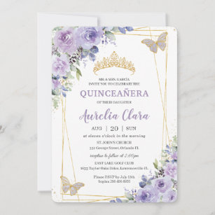 Convites Quinceañera Purple Lilac Borboletas Florais Tiara