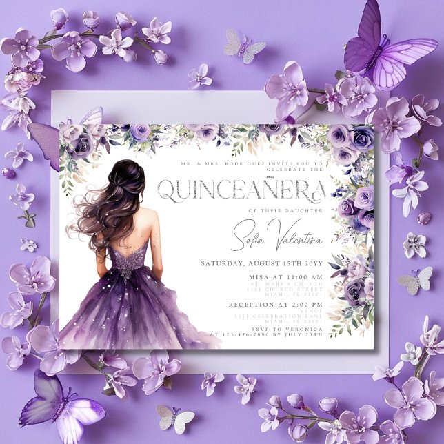 Convites Quinceañera Purple Lilac Floral (Quinceañera Purple Lilac Floral Silver Gown Invitation)