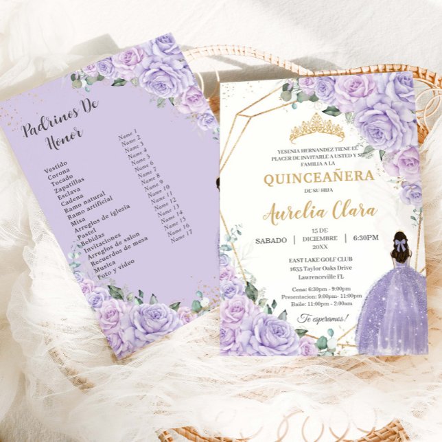 Convites Quinceañera Purple Lilac Floral 15 Años Padrinos (Criador carregado)