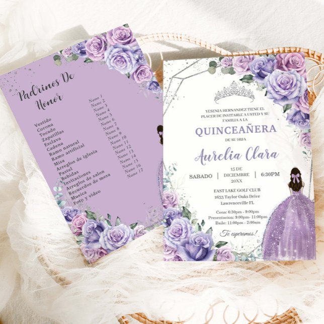 Convites Quinceañera Purple Lilac Floral 15 Años Padrinos  (Criador carregado)