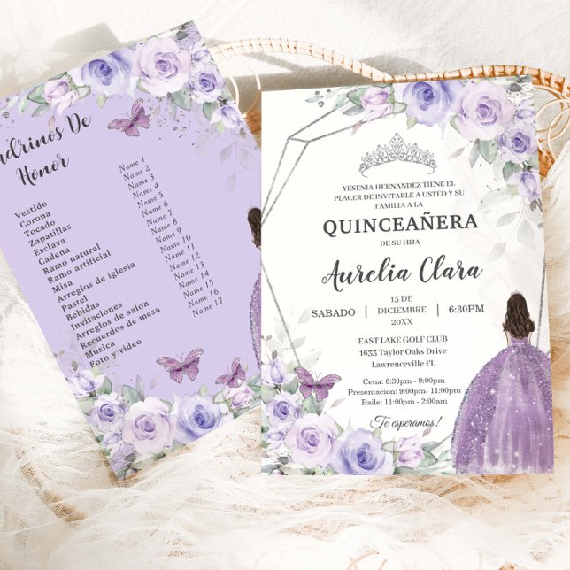 Convites Quinceañera Purple Lilac Floral 15 Años Padrinos (Criador carregado)
