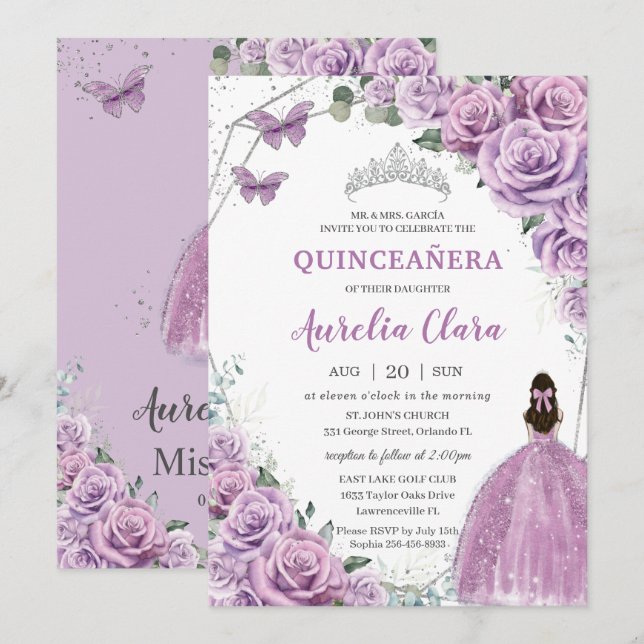 Convites Quinceañera Purple Lilac Floral Princesa Aniversár (Frente/Verso)