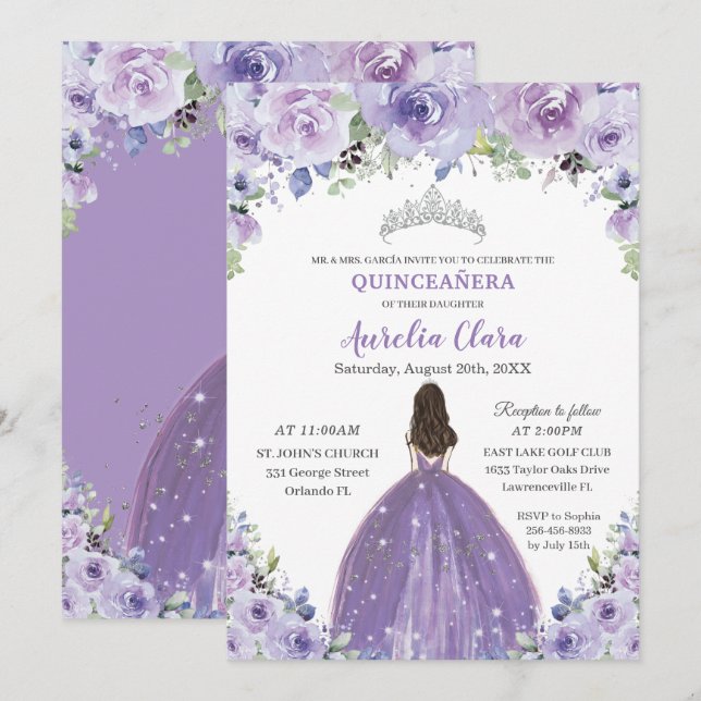 Convites Quinceañera Purple Lilac Floral Princesa Aniversár (Frente/Verso)