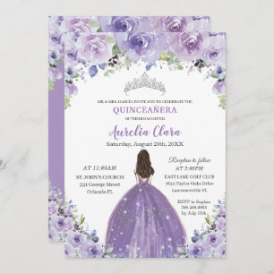 Convites Quinceañera Purple Lilac Floral Princesa Aniversár
