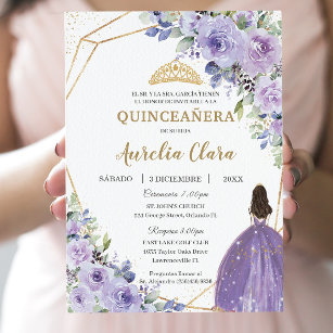 Convites Quinceañera Purple Lilac Floral Princesa Espanhola